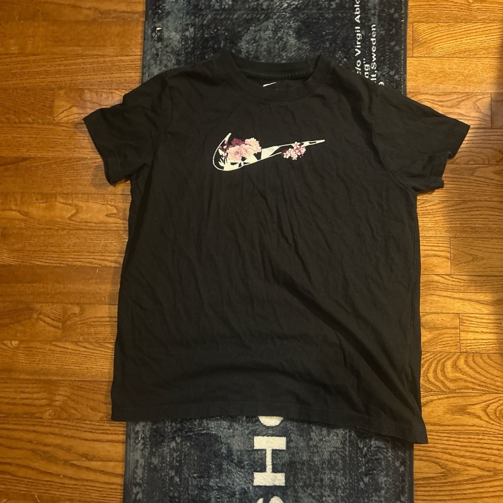 Black T-Shirt with Floral Nike Logo